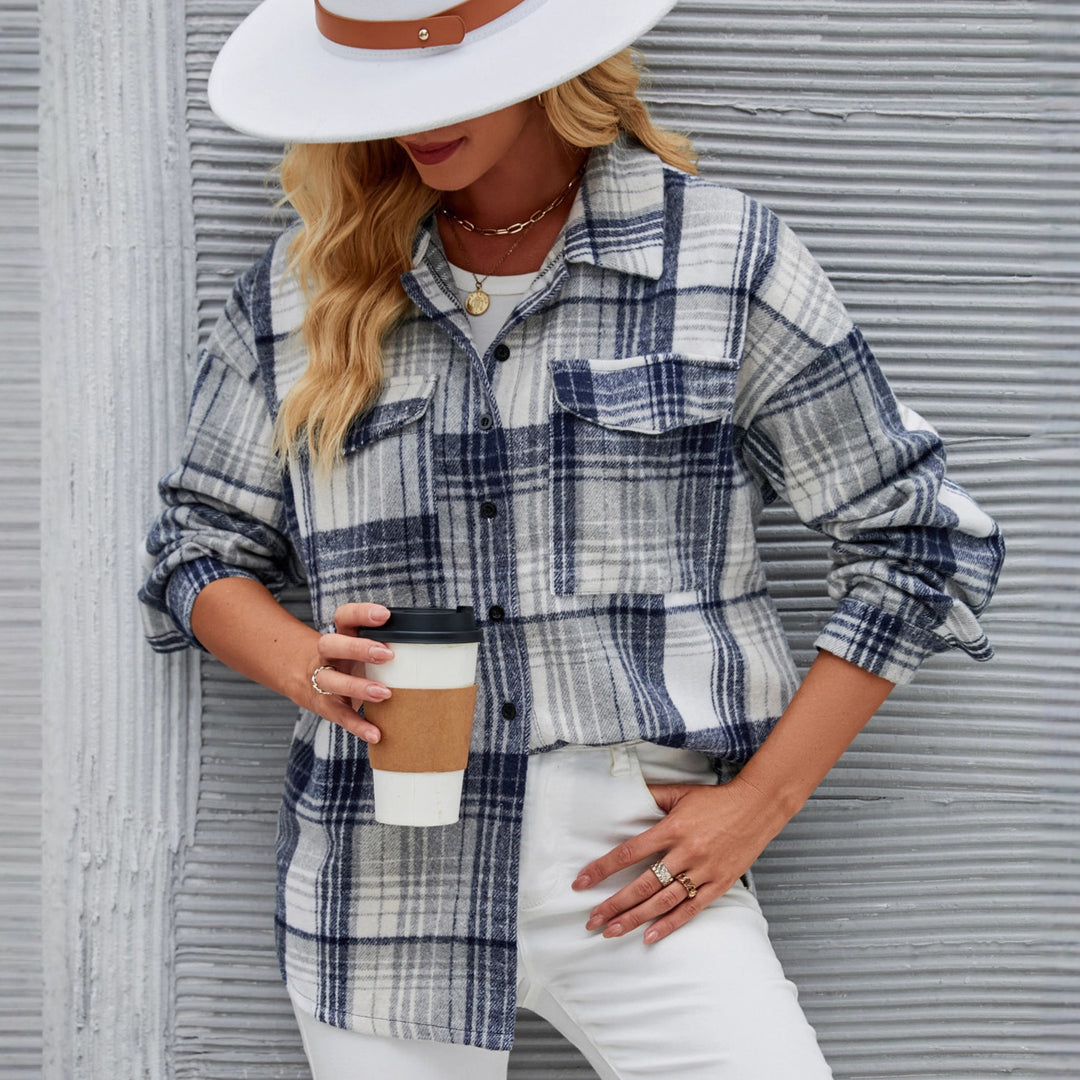 Damen Lässige Karobluse aus weichem Flanell mit Knopfleiste Drune
