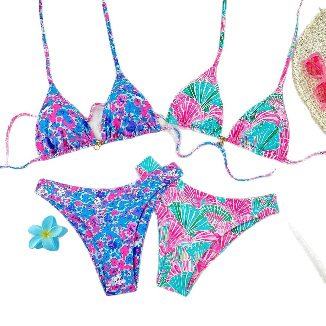 Damen Triangel-Bikini-Set mit floralen Mustern und stylischen Riemchen Drune