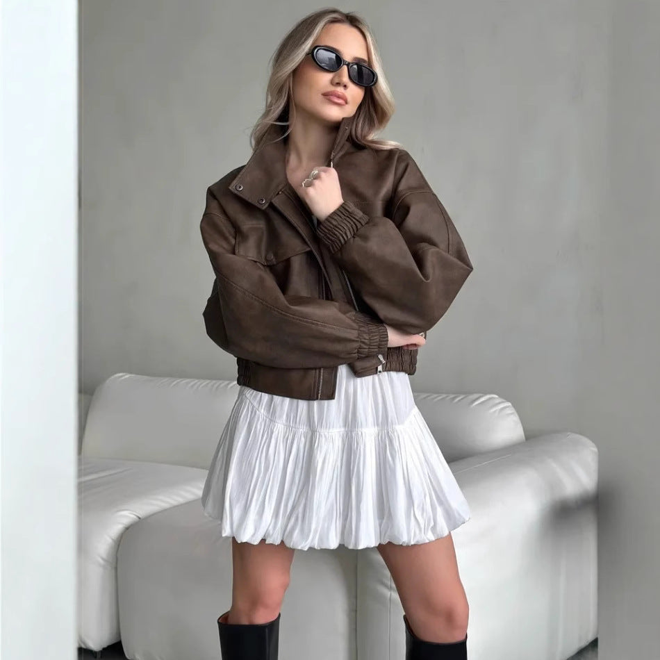 Damen Trendige oversized Lederjacke mit praktischen Taschen Drune