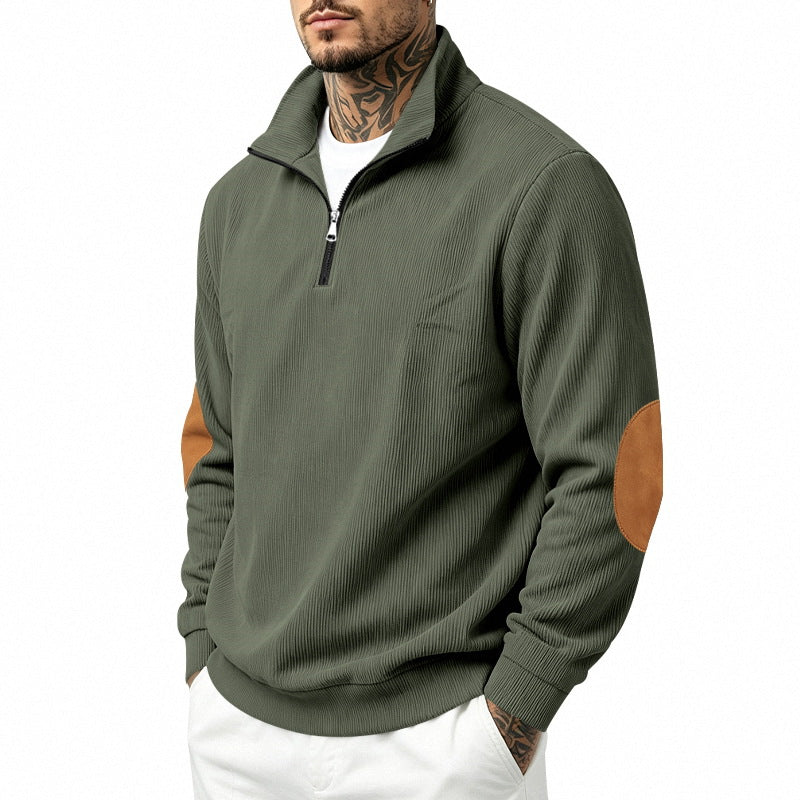 Herren nan Halbzip-Sweatshirt mit Stehkragen, feiner Waffelstruktur und Lederoptik-Ellenbogenpatchs Drune