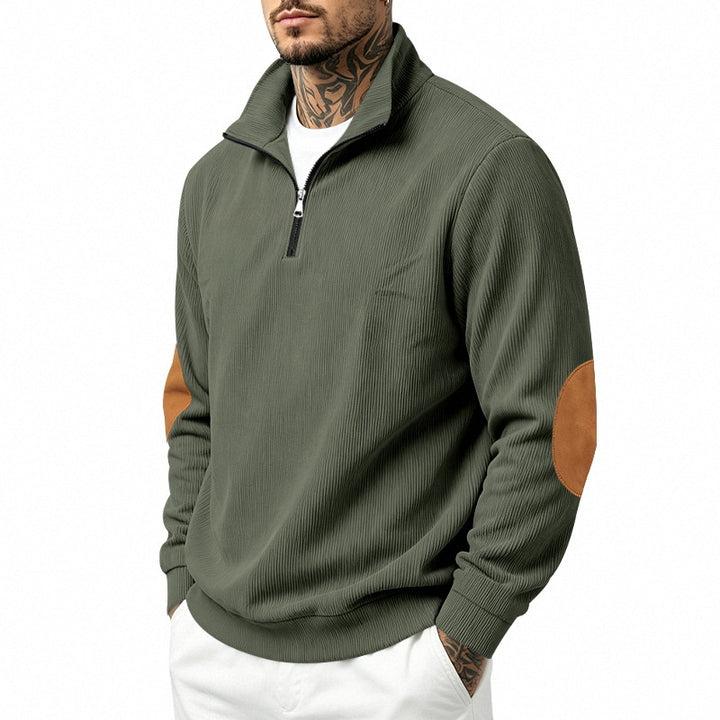 Herren nan Halbzip-Sweatshirt mit Stehkragen, feiner Waffelstruktur und Lederoptik-Ellenbogenpatchs Drune