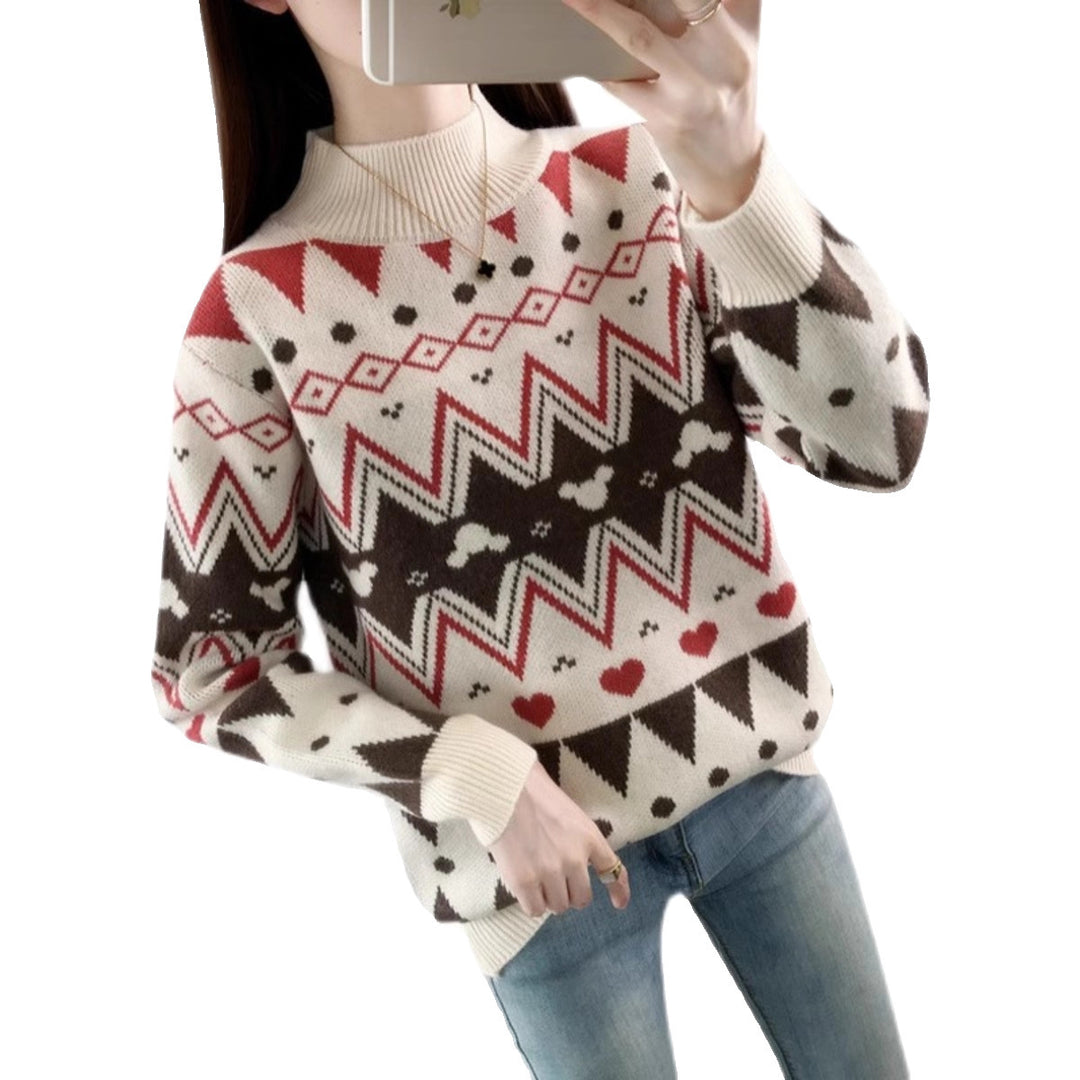 Damen festlicher Strickpullover im modernen Weihnachtsdesign mit geometrischem Muster und komfortablem Rundhalsausschnitt Drune