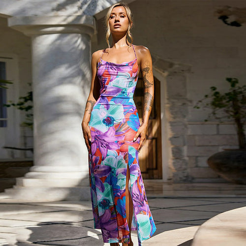Damen Maxikleid mit floralem Muster und elegantem Schlitz Drune