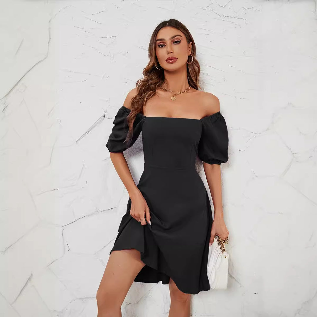 Damen Elegantes Off-Shoulder Kleid mit voluminösen Puffärmeln und asymmetrischem Schnitt Drune
