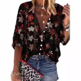 Damen Transparente Bluse mit floralen Stickereien und übergroßem Schnitt Drune