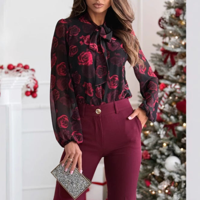 Damen Transparente Bluse mit floralem Design und elegantem Schleifenkragen Drune