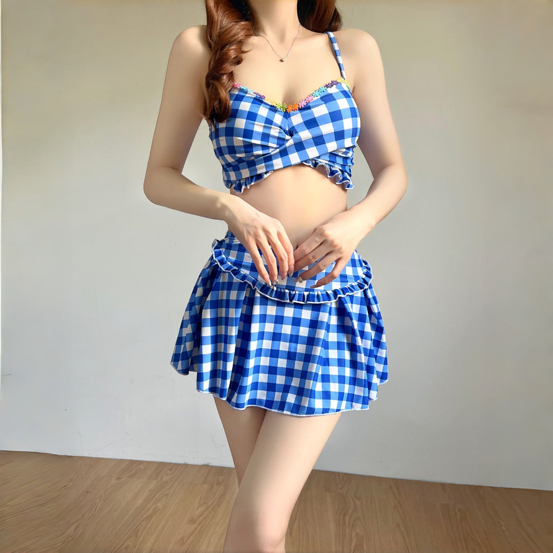 Damen Bikiniset mit hoch geschnittenen Hosen und modischem Karomuster Drune