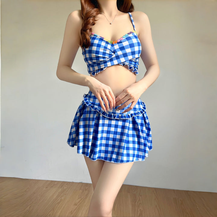 Damen Bikiniset mit hoch geschnittenen Hosen und modischem Karomuster Drune