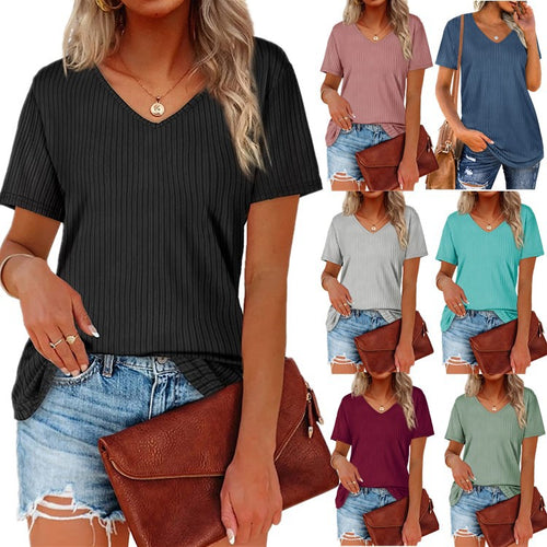 Damen Viskose T-Shirt mit feinem Rippstrickmuster und lässigem V-Ausschnitt Drune