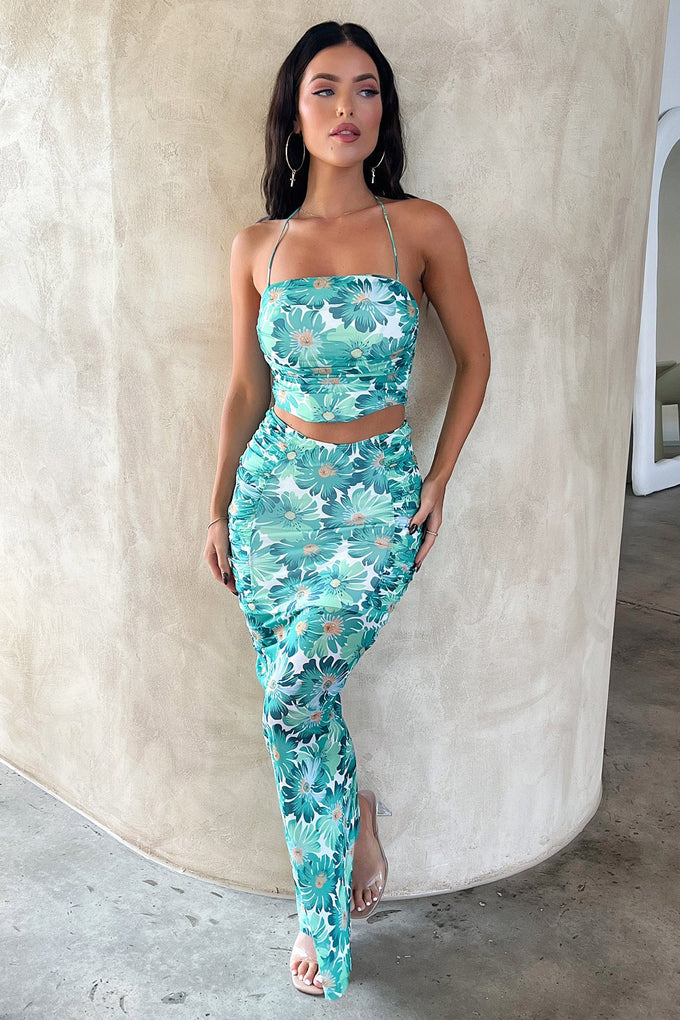 Damen Elegantes Crop-Top und Maxirock-Set mit floralem Design Drune