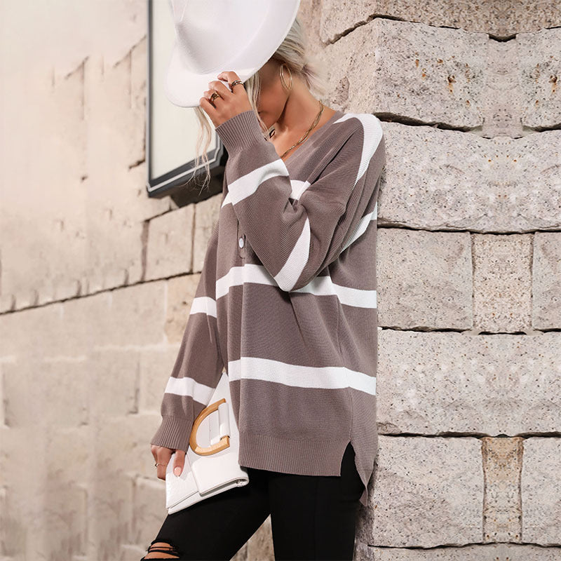 Damen gemütlicher Strickpullover mit modischem V-Ausschnitt und Knopfdetails Drune