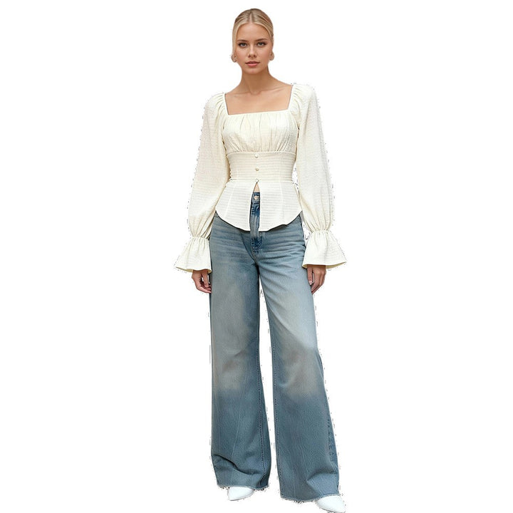 Damen Oberteil mit Puffärmeln und raffiniertem Knoten-Details Drune