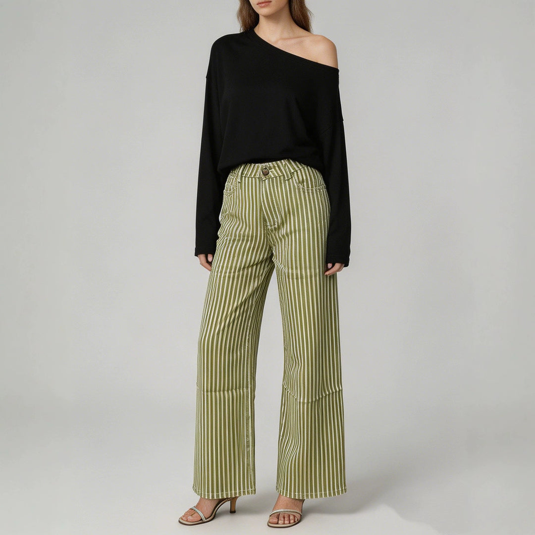 Damen nan weite High-Waist Palazzohose mit vertikalen Streifenoptik und abgesteppten Kniepartien Drune