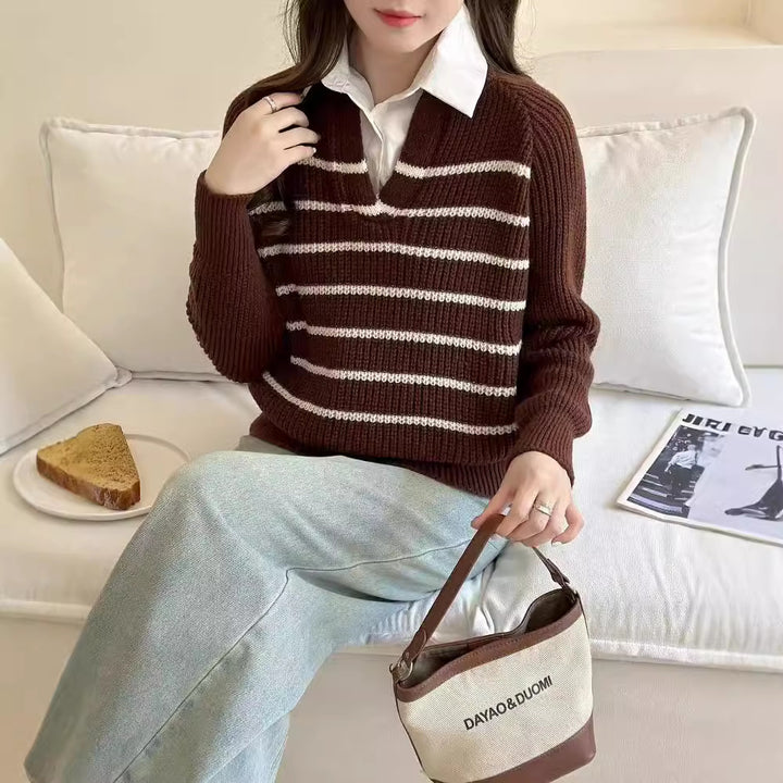 Damen Strickpullover mit V-Ausschnitt und gestreiftem Design Drune