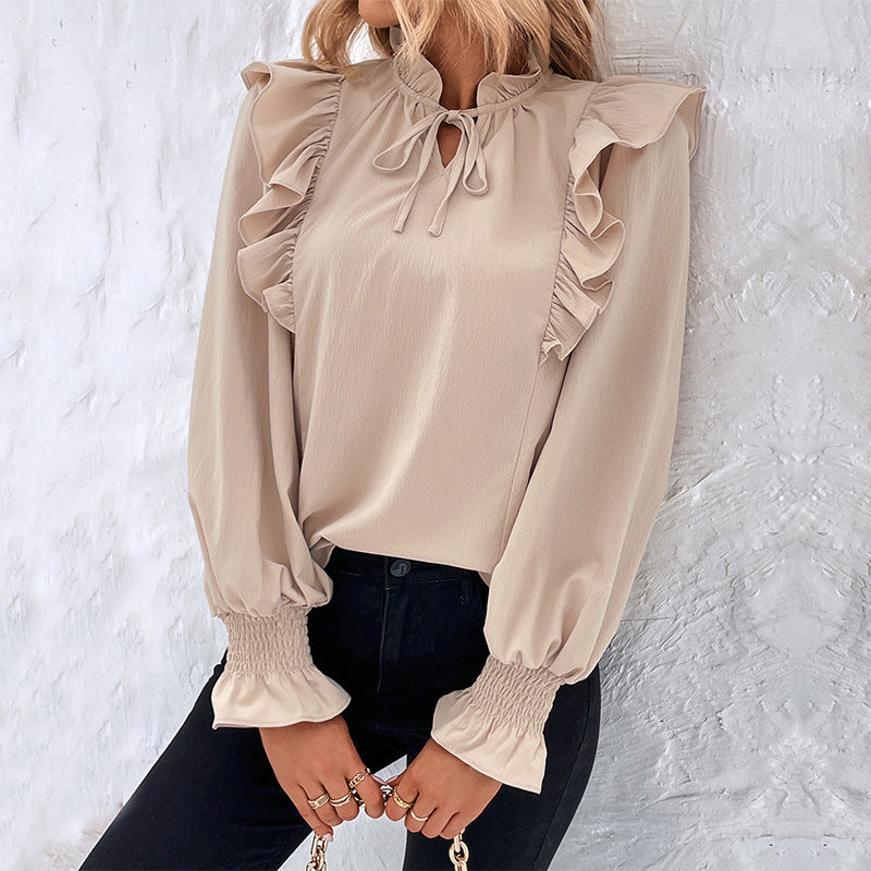 Damen Bluse mit Rüschendetails und Schleifen-Ausschnitt Drune