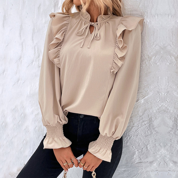 Damen Bluse mit Rüschendetails und Schleifen-Ausschnitt Drune