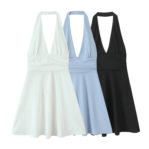 Damen Halterkleid mit tiefem V-Ausschnitt und fließendem Rock Drune