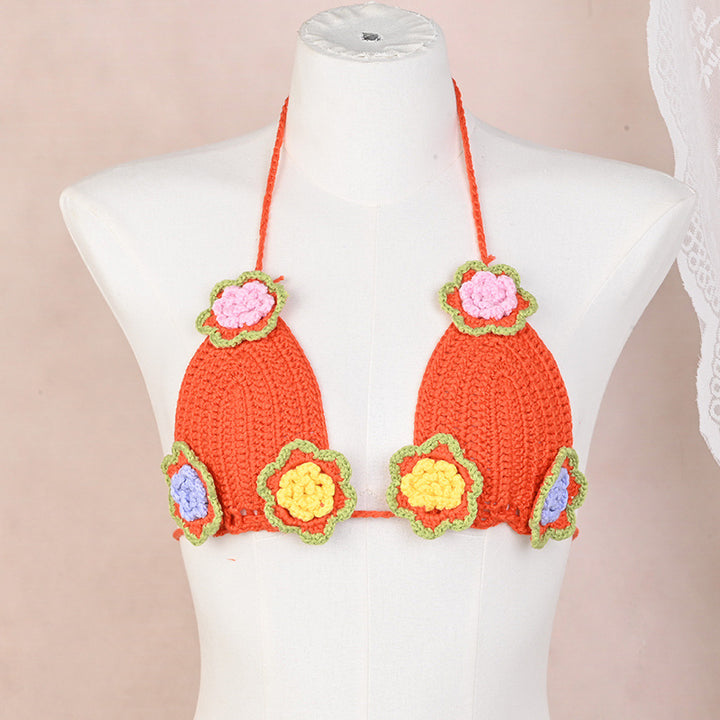 Damen Häkel-Bikini-Oberteil mit floralen Akzenten und verstellbaren Trägern Drune