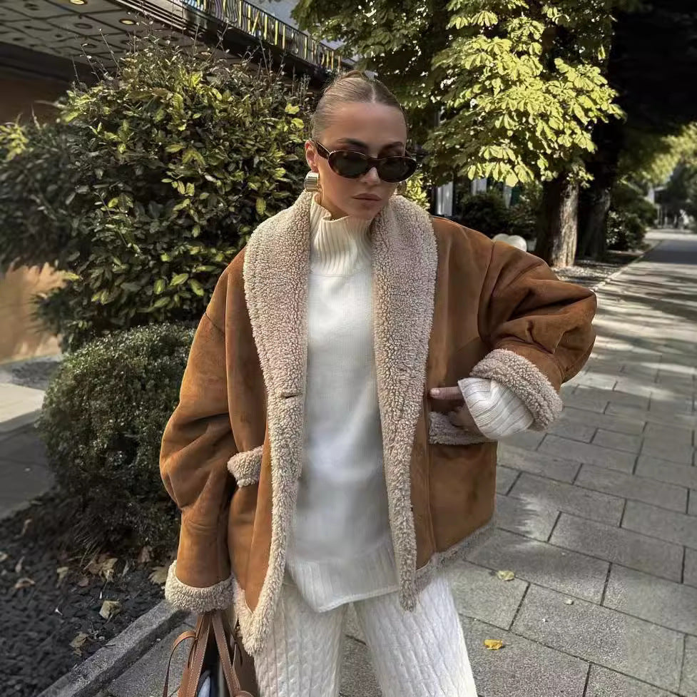 Damen Kuschelige Teddyjacke mit weitem Schnitt und eleganten Knopfdetails Drune