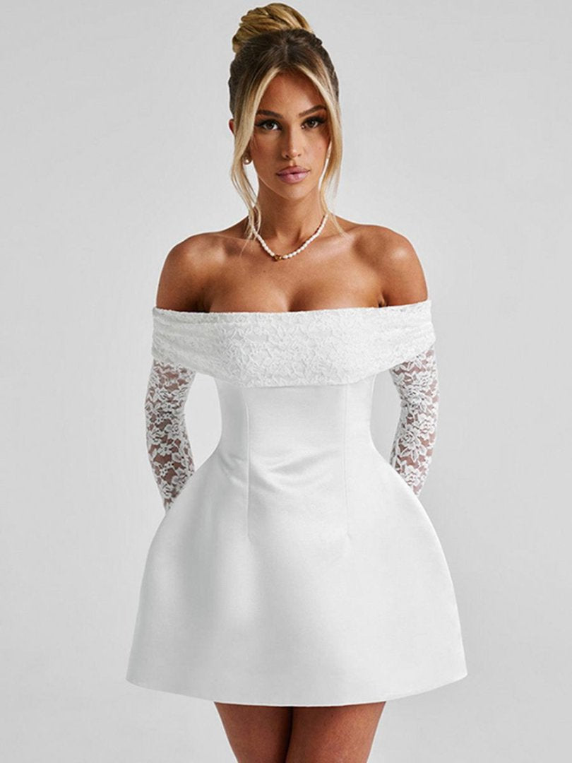 Damen Elegantes Off-Shoulder Minikleid mit Spitzenärmeln und tailliertem Schnitt Drune