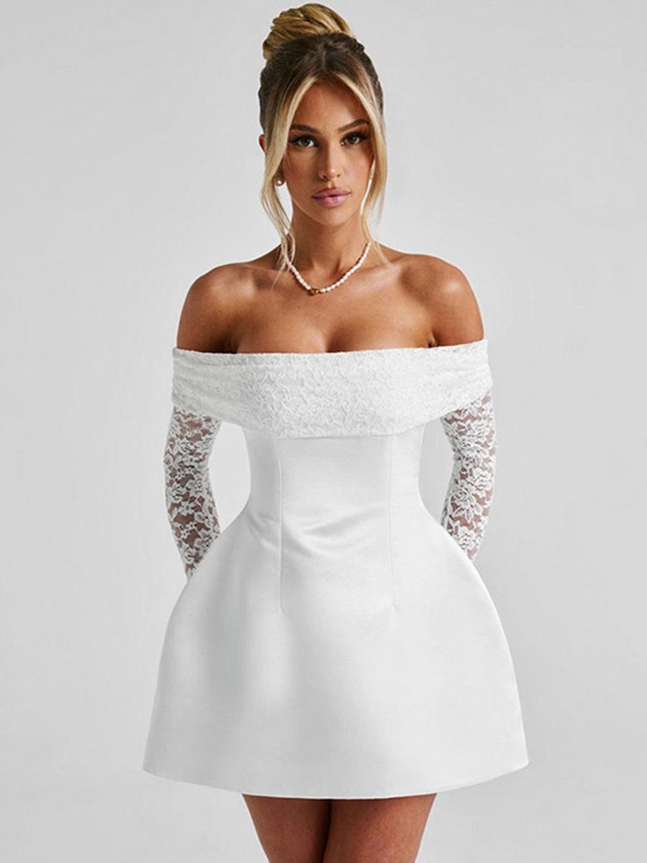 Damen Elegantes Off-Shoulder Minikleid mit Spitzenärmeln und tailliertem Schnitt Drune