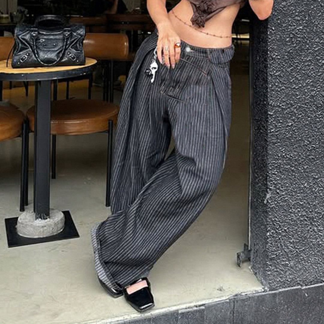 Damen Weite Hochtaillierte Streifenjeans Drune