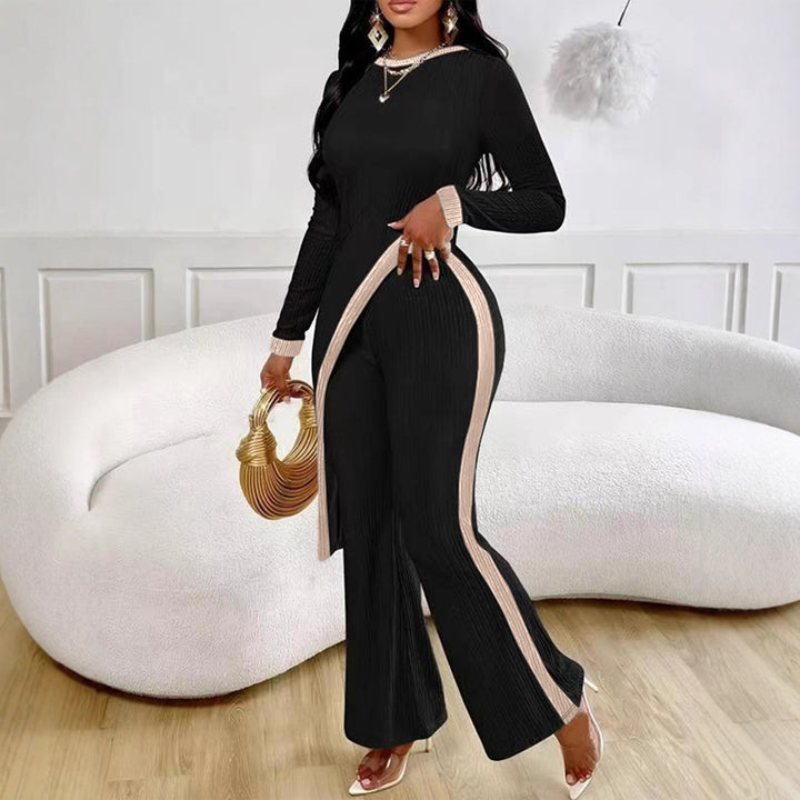 Damen nan eleganter Rippen-Jumpsuit mit asymmetrischer Wickeloptik, taillierendem Cut-Out und kontrastierenden Seitenstreifen Drune
