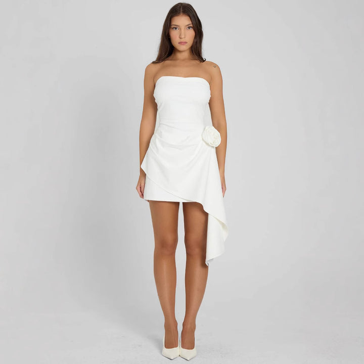 Damen elegantes schulterfreies Wickelkleid mit asymmetrischem Saum und floralem Detail Drune