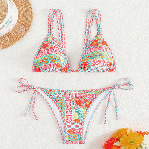 Damen Triangel-Bikini mit raffinierten Schnürdetails und floralem Druck Drune