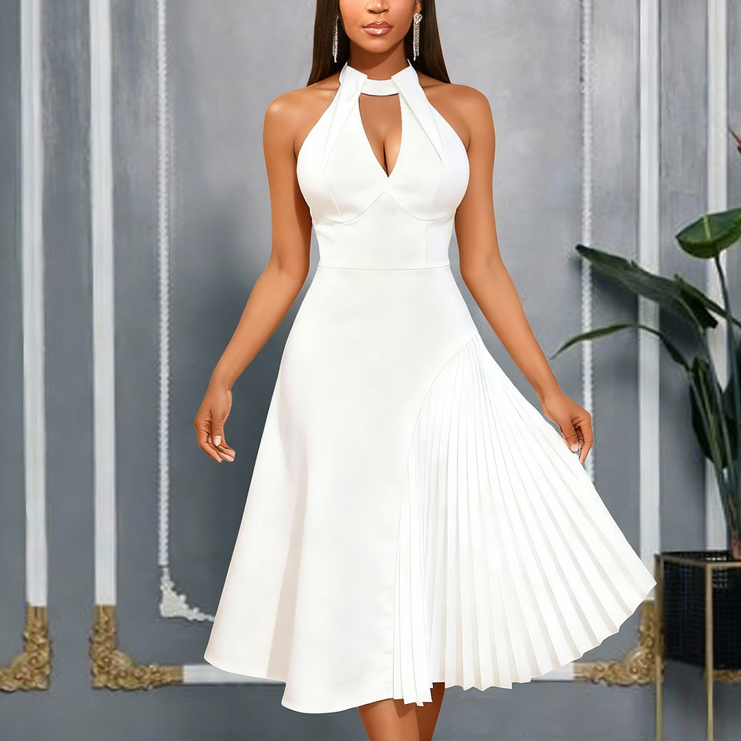 Damen Elegantes Midikleid mit Keyhole-Ausschnitt und plissiertem Saum Drune