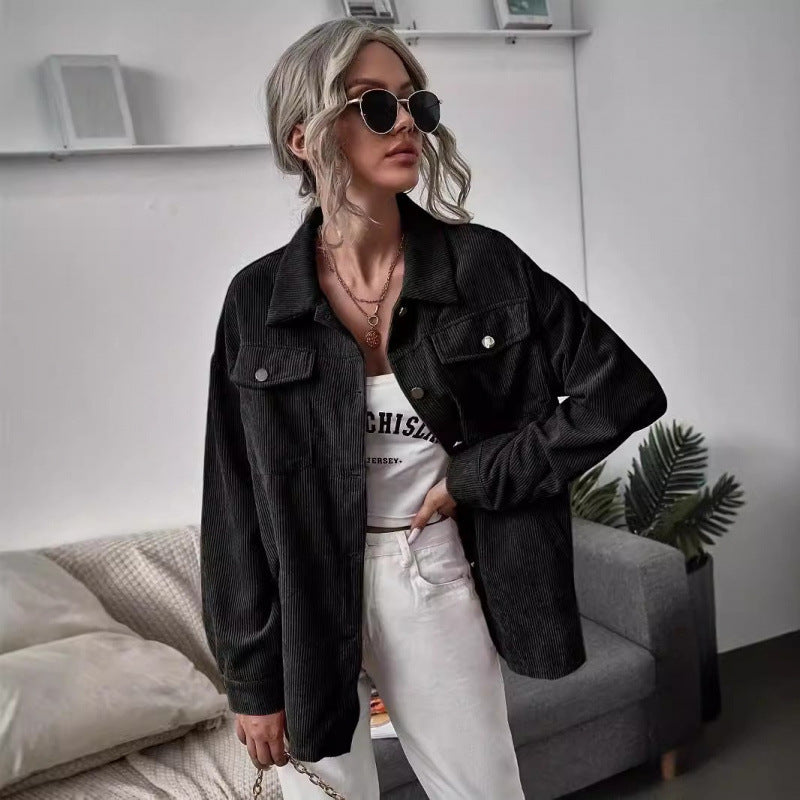 Damen Lässige Cordjacke mit dekorativen Knöpfen und praktischen Taschen Drune
