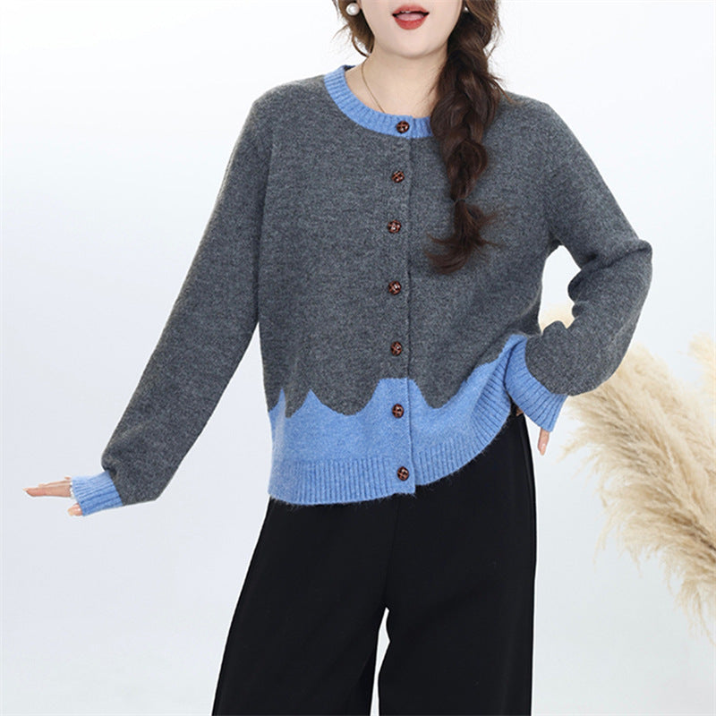 Damen elegante Strickjacke mit buntem Wellenmuster und Knopfdetails Drune
