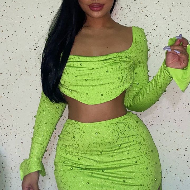 Damen Elegantes Crop-Top mit langen, transparenten Ärmeln und funkelnden Akzenten Drune