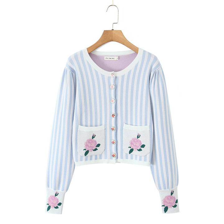 Damen kurzärmlige Strickjacke mit Blumenverzierung Drune