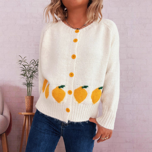 Damen kuschelige Strickjacke mit Zitronen-Motiv und bunten Knöpfen Drune