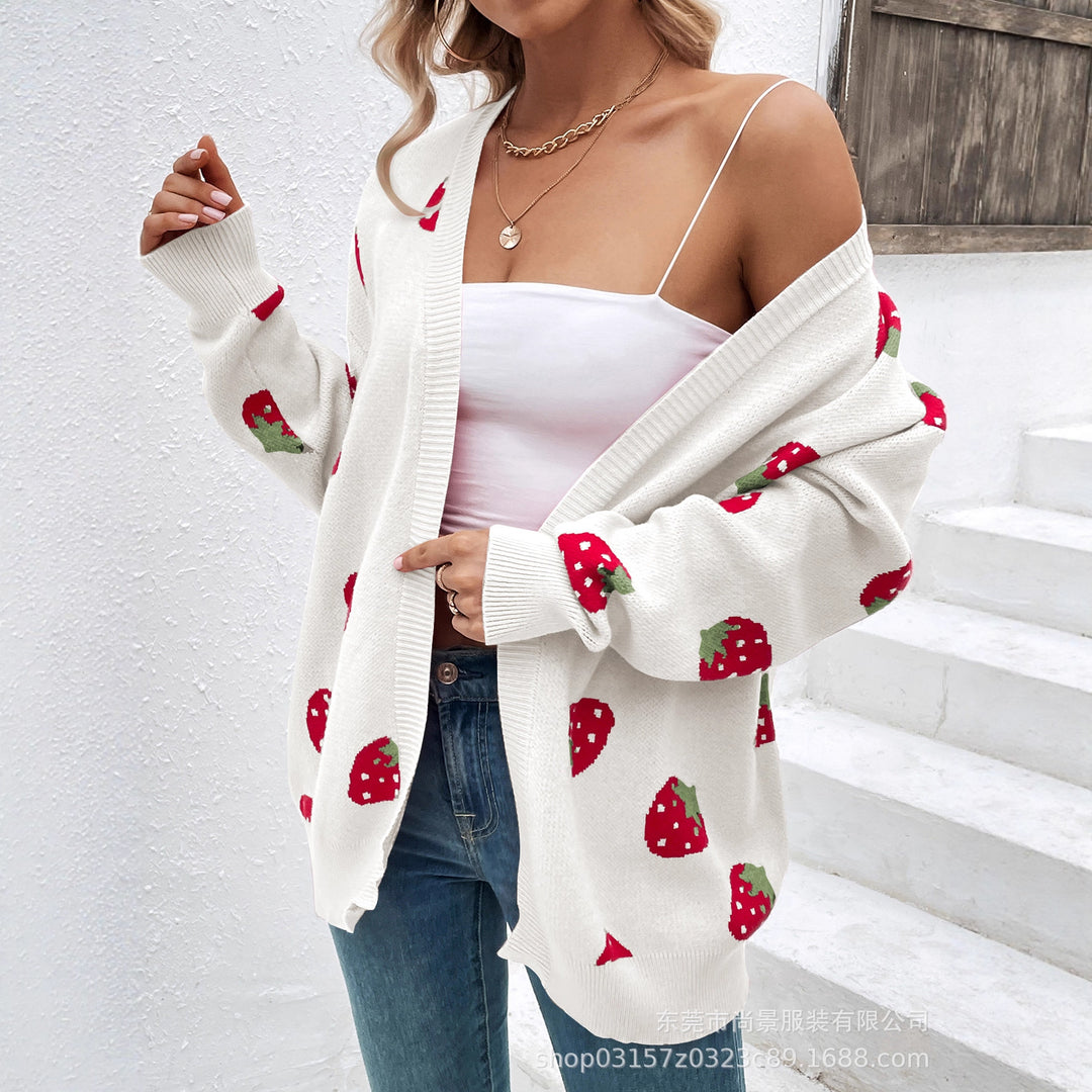 Damen Strickjacke mit Erdbeer-Muster Drune