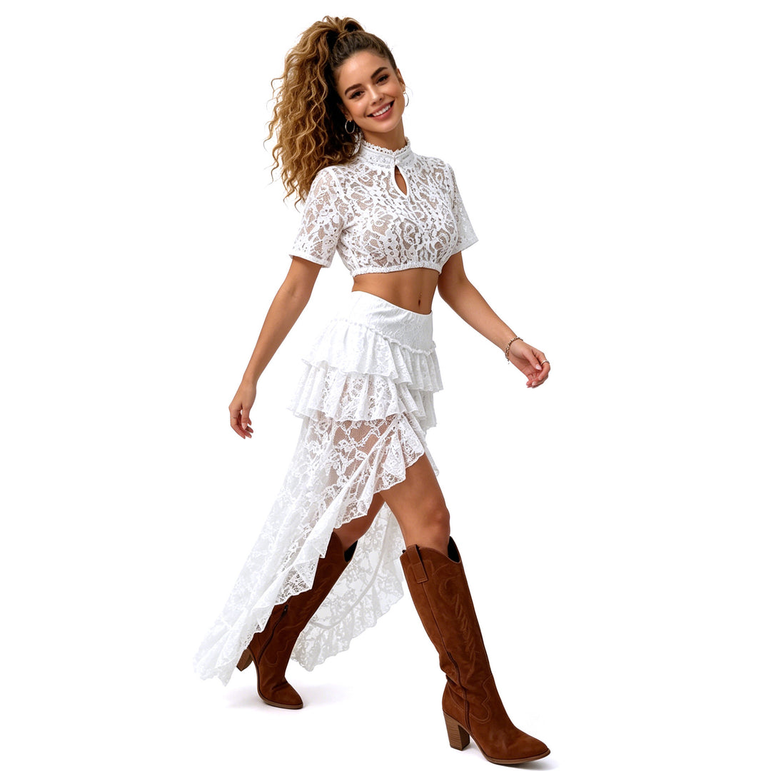 Damen nan Spitzen-Cropped-Bluse mit Stehkragen und keyhole-Detail Drune