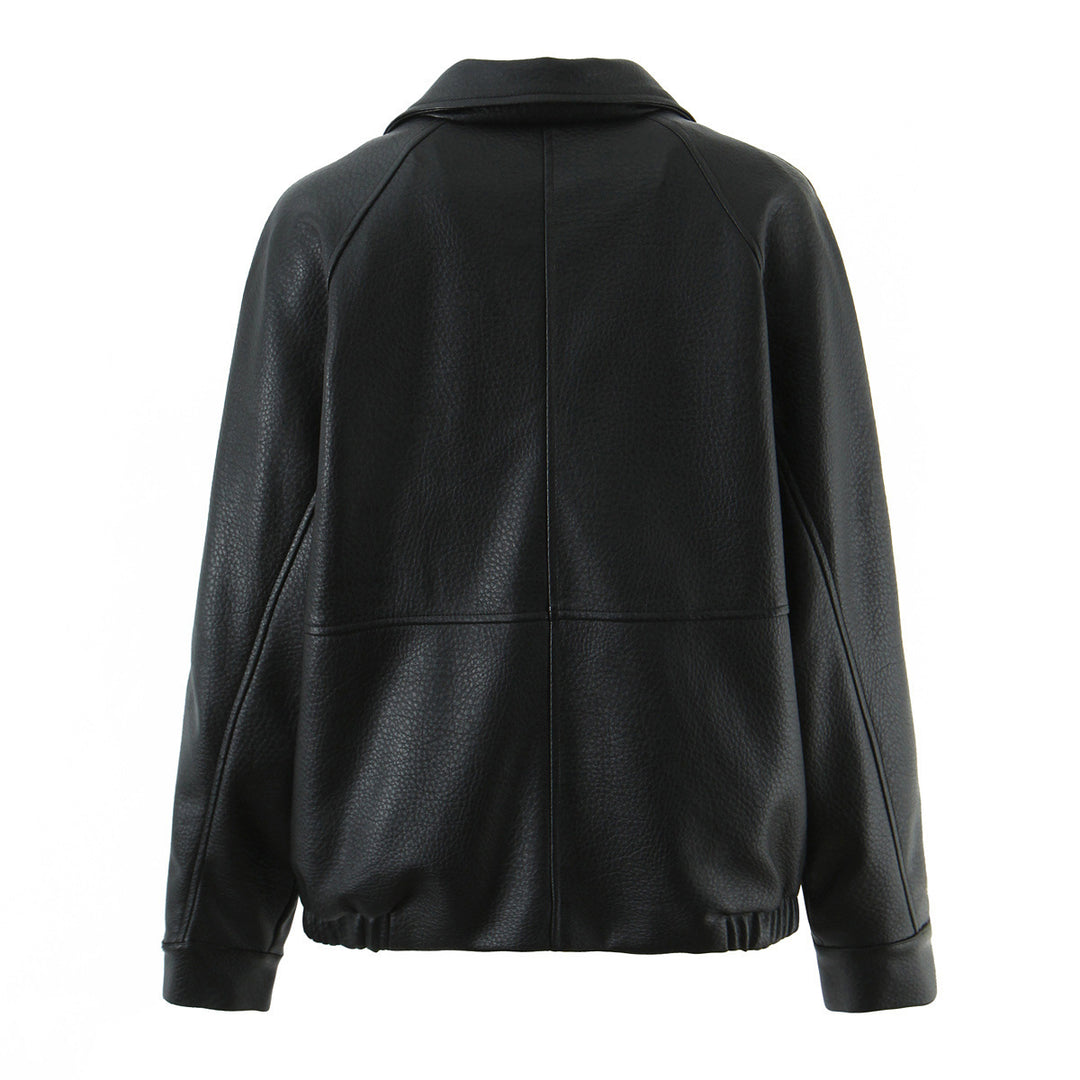 Damen modische Kunstlederjacke mit doppelter Knopfleiste und breitem Revers Drune