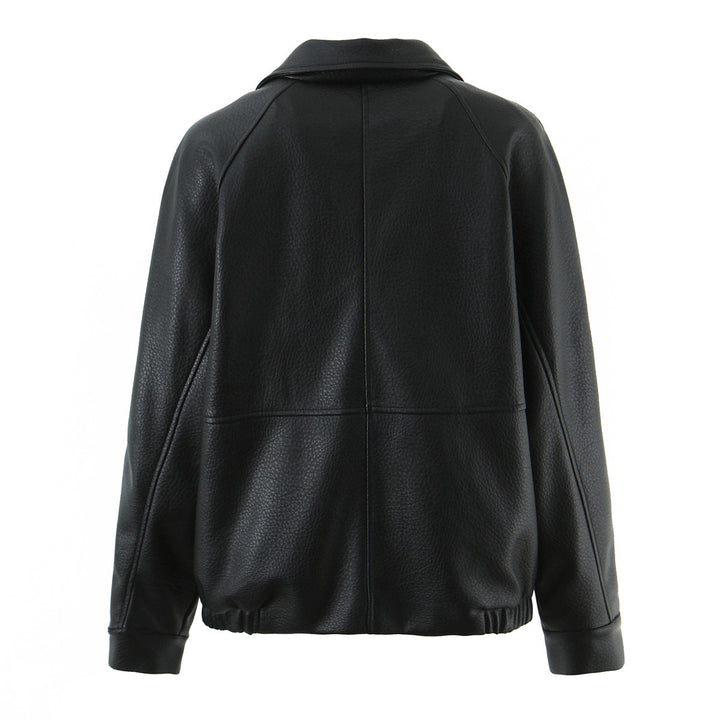Damen modische Kunstlederjacke mit doppelter Knopfleiste und breitem Revers Drune