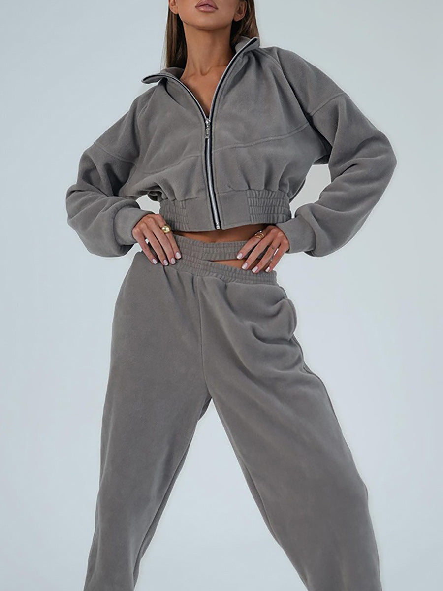 Damen Sportfreizeitanzug mit Cropped Jacke und elastischem Bund Drune