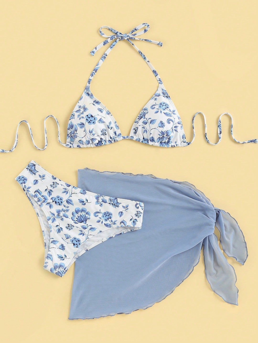 Damen Triangel-Bikini-Set mit romantischem Blumenmuster und eleganter Pareo Drune