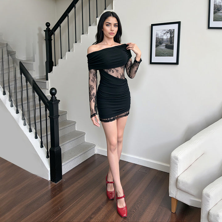 Damen schulterfreies Spitzenkleid mit Rüschendetails und figurbetontem Schnitt Drune