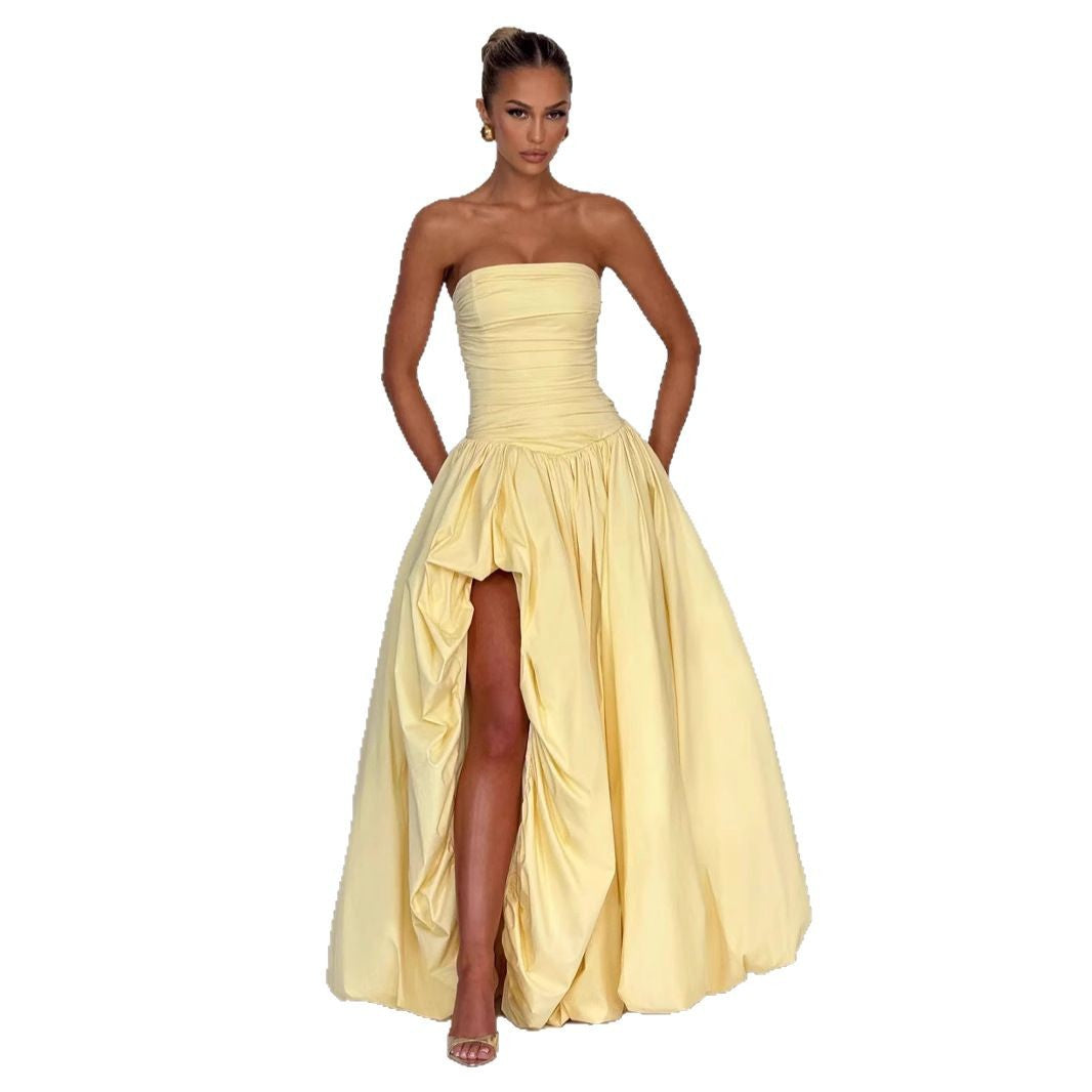 Damen Strapless Ballkleid mit hohem Schlitz und fließendem Rock Drune