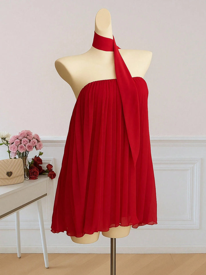 Damen kurzes Sommerkleid mit elegantem Bindegürtel und fließendem Design Drune