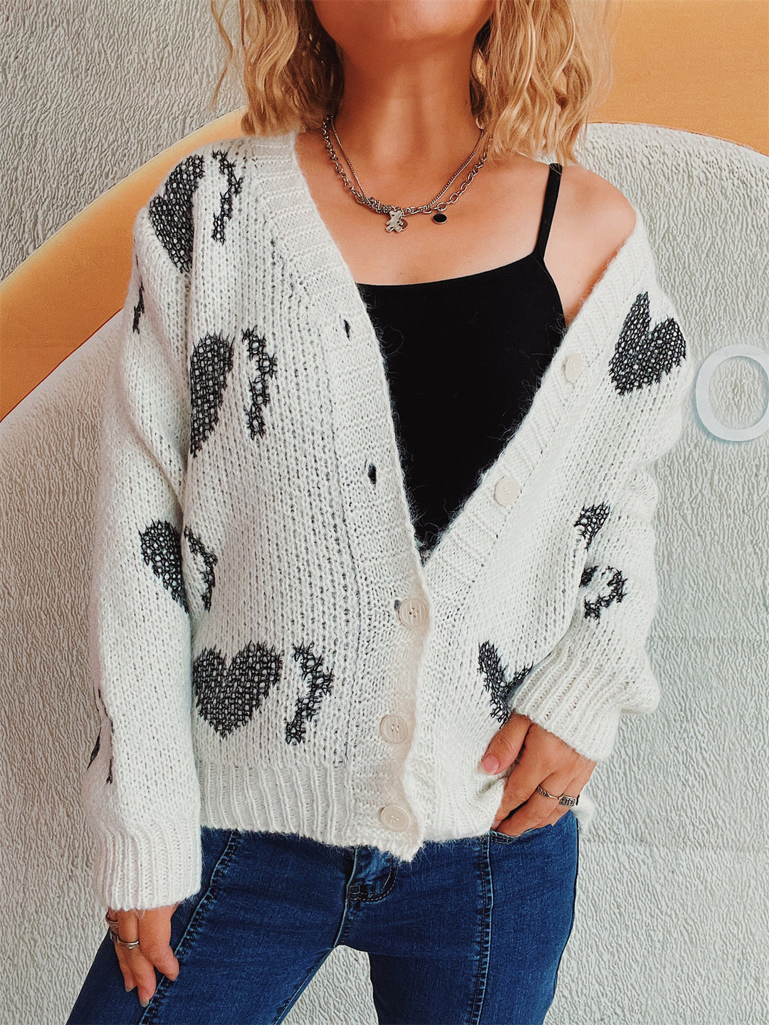 Damen kuschelige Strickjacke mit Herzdesign Drune