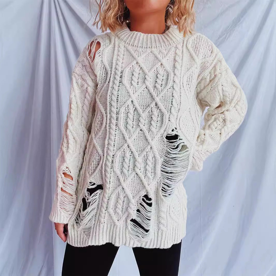 Damen lässiger Oversized-Pullover mit strukturiertem Zopfmuster und Fransen Drune