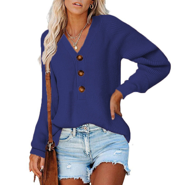 Damen Strickpullover mit tiefem V-Ausschnitt und großen Holzknöpfen Drune