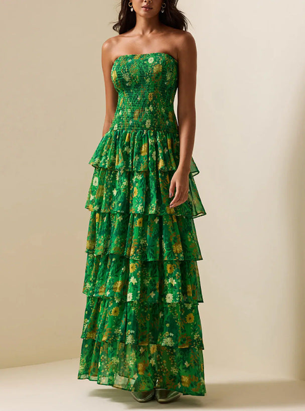 Damen Langärmliges Maxikleid mit voluminösen Rüschen und floralem Design Drune