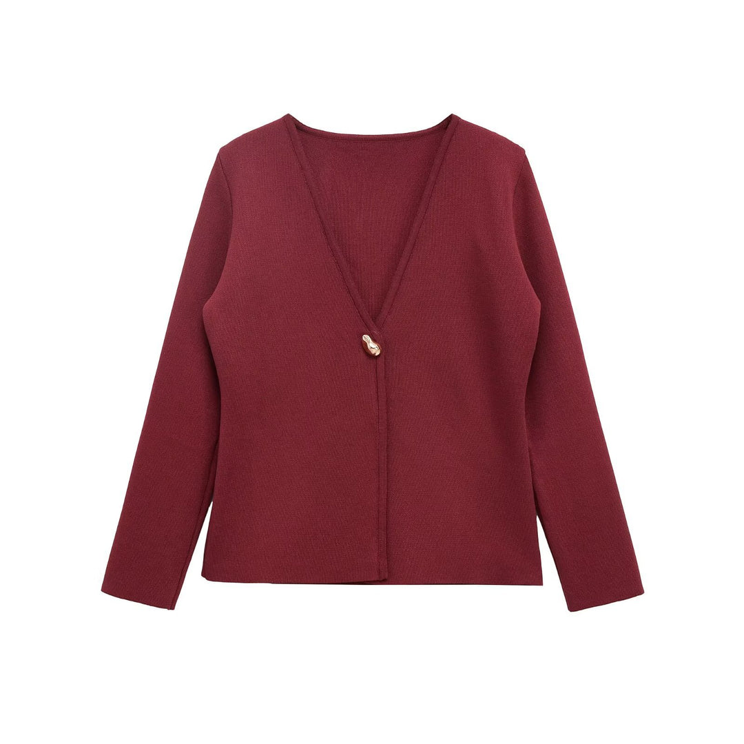 Damen elegante Strickjacke mit tiefem V-Ausschnitt und dekorativem Knopf Drune