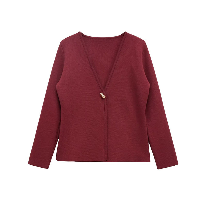 Damen elegante Strickjacke mit tiefem V-Ausschnitt und dekorativem Knopf Drune